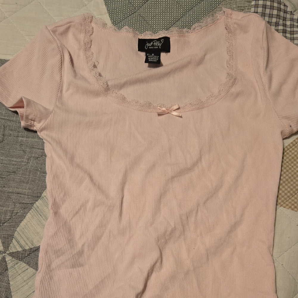 Joy Lab Pink Lace Trim Short Sleeve Top